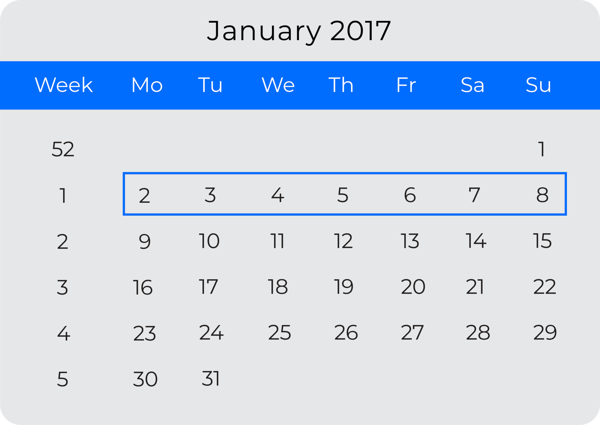 Three calendars representing different DATEFIRSTs